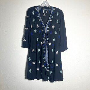 Free People‎ Dress Women XS Blue Embroidered Long Sleeve Tassels V-Neck Boho